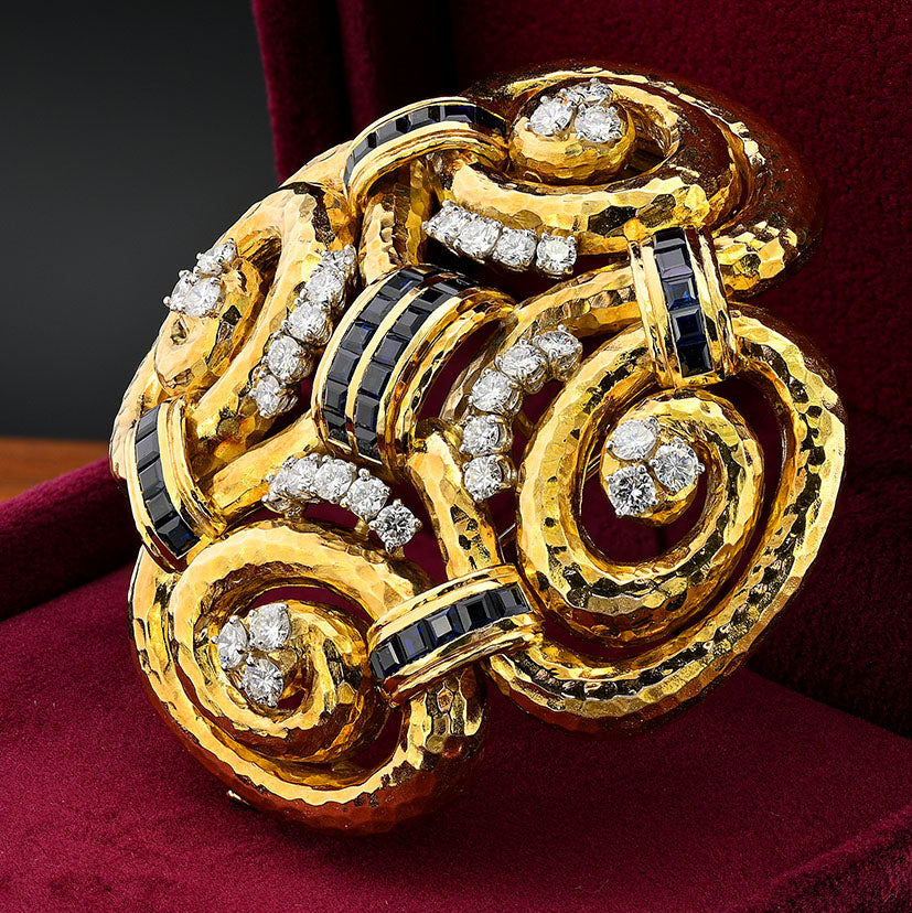 David Webb Ancient World Collection 7ct Sapphire 6.40ct Diamond and Gold Pendant come Brooch