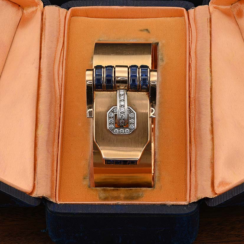 Art Deco Italian Weingrill Sapphire Diamond Gold Buckle Clip Bangle Bracelet
