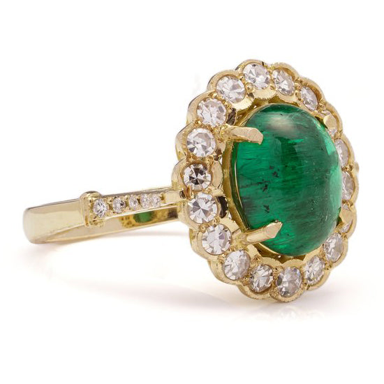 Vintage 6.31ct Oval Cabochon Zambian Emerald and Diamond Cluster Ring