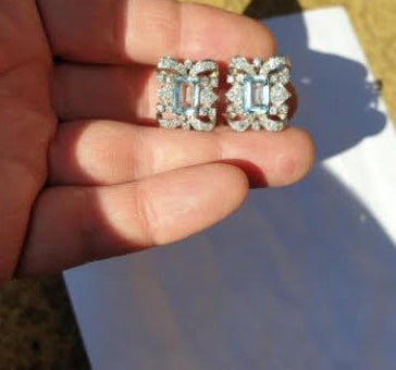 Vintage Art Deco Style 4ct Aquamarine and Diamond Cluster Earrings, Circa 1940s