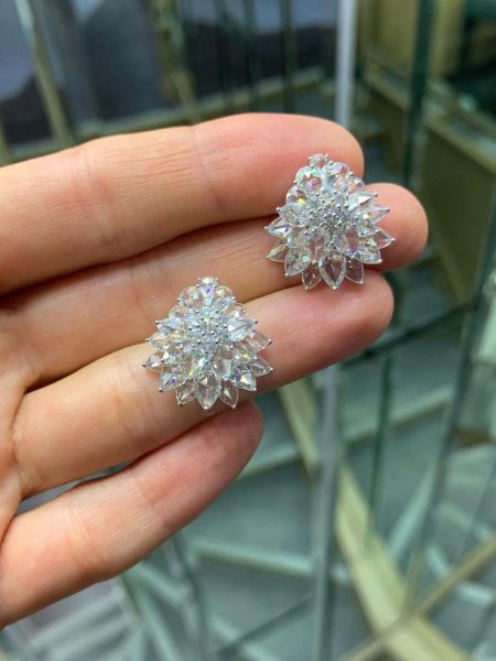 8.21ct Rose Cut Diamond Floral Cluster Stud Earrings; set with pear shaped rose-cut diamonds and round brilliant cut diamonds, 18ct white gold