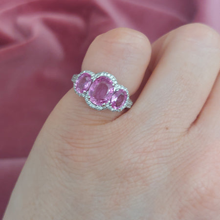 Pink Sapphire and Diamond Trilogy Cluster Dress Ring