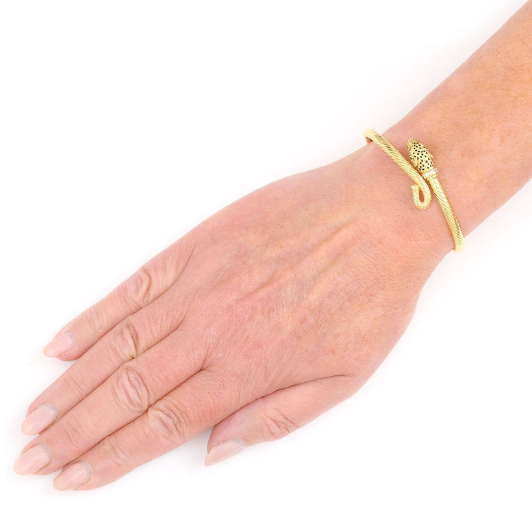 Vintage Gold Leopard Head Bangle with Diamonds Rubies Enamel