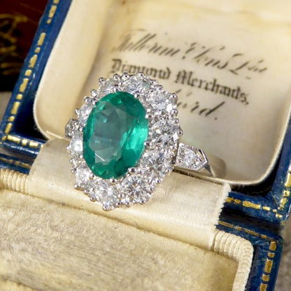 Emerald and Diamond Oval Cluster Ring, 3.45 carat total, in Platinum
