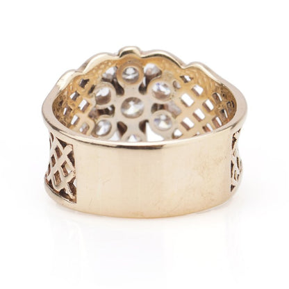 Vintage Pierced Gold Band Ring with 1.85ct Diamond Floral Cluster