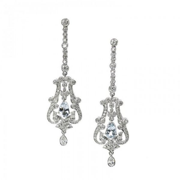 Aquamarine and Diamond Drop Earrings; 1.50ct pear-cut aquamarine in decorative round brilliant-cut diamond surround suspending a pear-cut diamond, 1.83 carats, in platinum