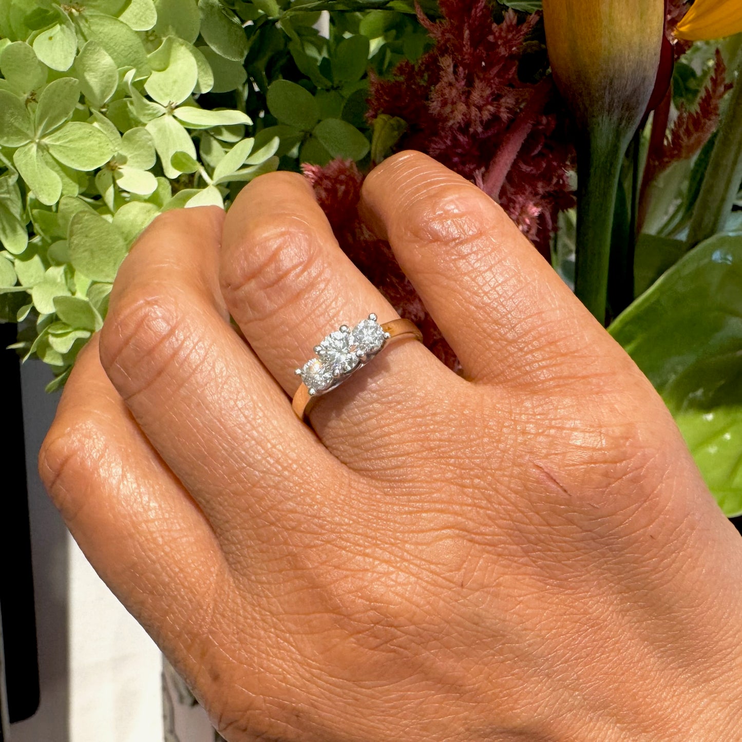 Vintage 14 Carat Yellow Gold and Platinum Diamond Trilogy Ring, 0.80 Carat