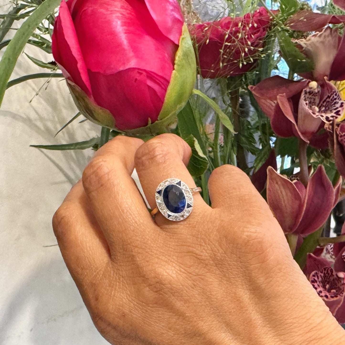 Art Deco Diamond Sapphire 18ct and Platinum Cluster Ring 16363-8820