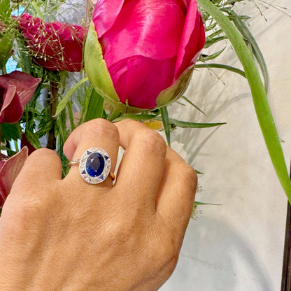 Art Deco Diamond Sapphire 18ct and Platinum Cluster Ring 16363-8820