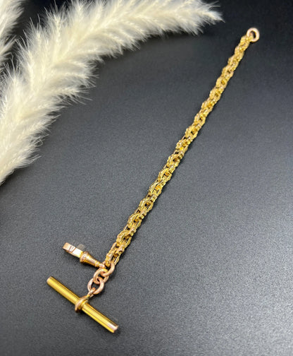 Victorian 9 Carat Yellow Gold Fancy Link Albert Bracelet with Swivel Clasp and T-bar