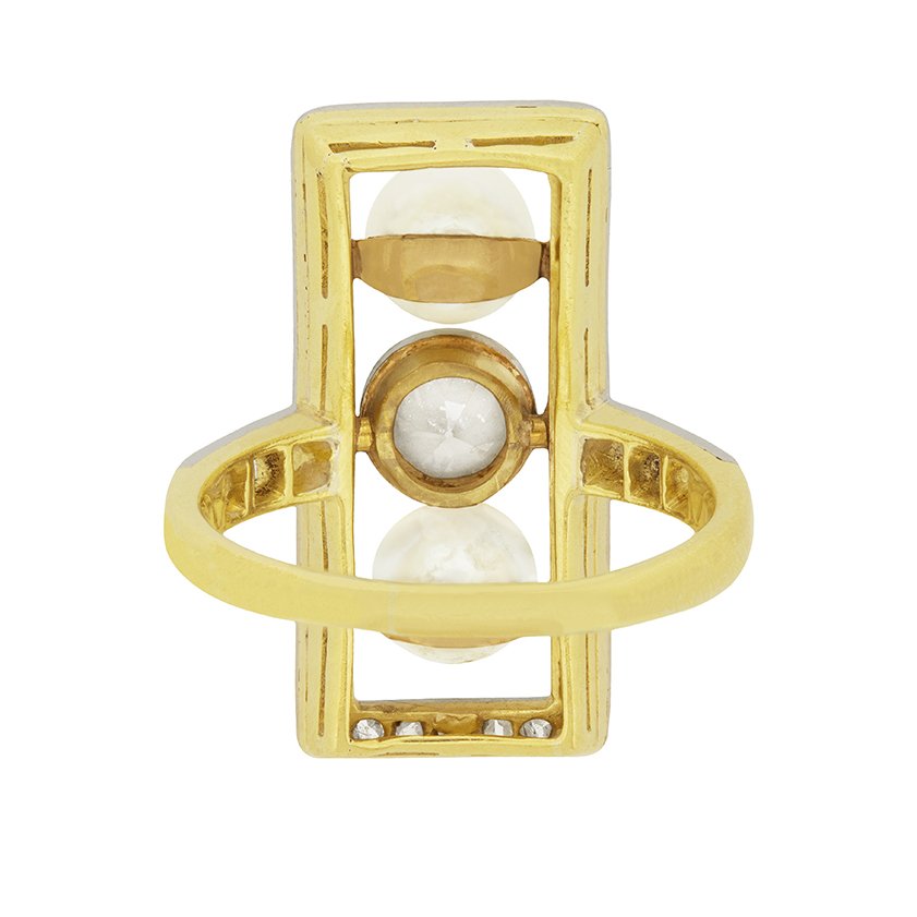 Edwardian Antique Pearl and Old Cut Diamond Trilogy Plaque Tablet Ring