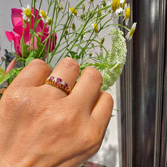 Diamond Ruby 18k Antique Row Ring 16579-8890