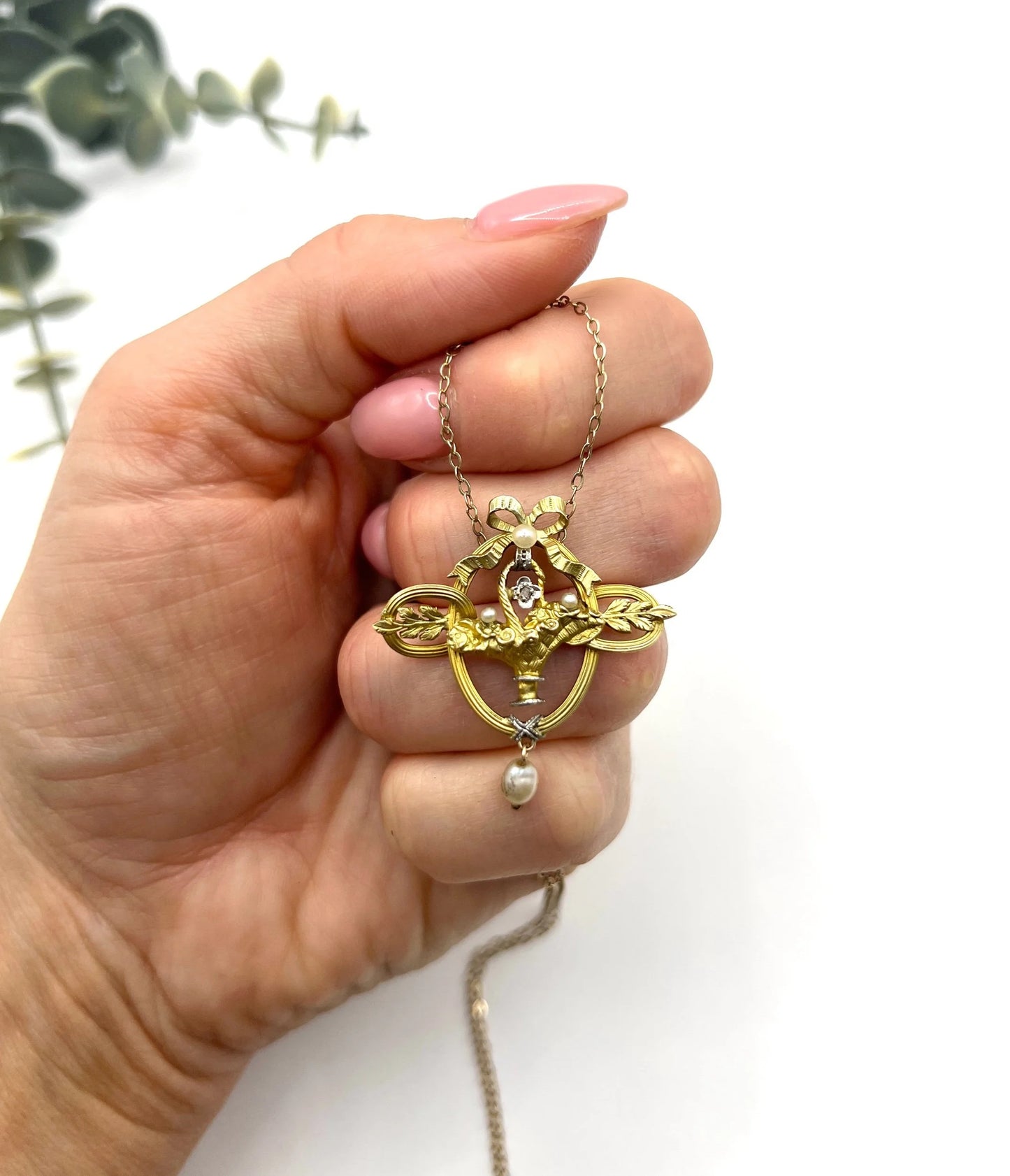 Antique 18 ct Gold, Edwardian Diamond And Seed Pearl Floral Basket Pendant Necklace