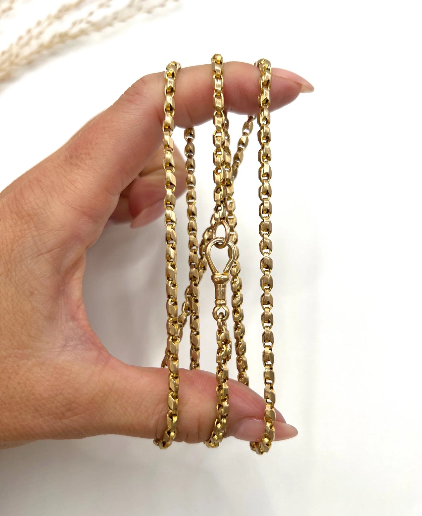 Antique 9 ct Rose Gold Edwardian 28 Inch Long Tulip Link Chain With Swivel Clasp
