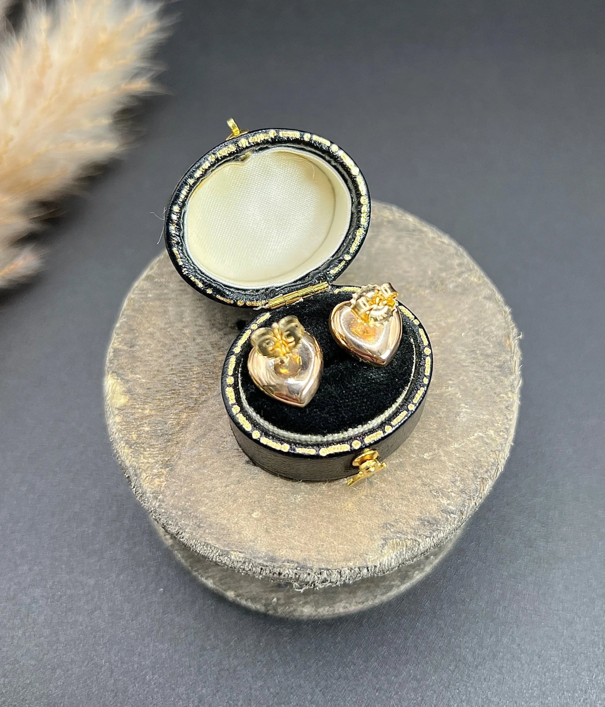Antique 15ct Yellow Gold, 1920s Mother of Pearl, Green Enamel, Ruby & Emerald Heart Shaped Stud Earrings