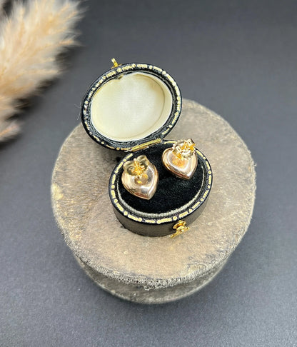Antique 15ct Yellow Gold, 1920s Mother of Pearl, Green Enamel, Ruby & Emerald Heart Shaped Stud Earrings