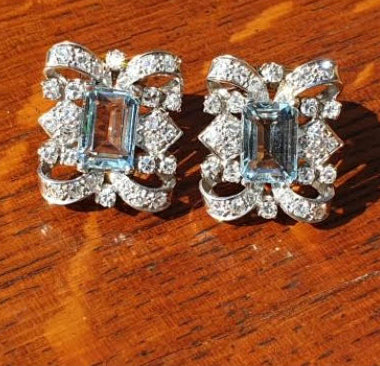 Vintage 4ct Emerald-Cut Aquamarine and Diamond Cluster Earrings, Circa 1940s