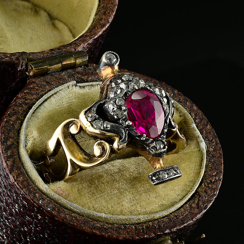 Georgian Antique Natural No Heat Ruby and Diamond Urn Ring Possibly Burma Ruby