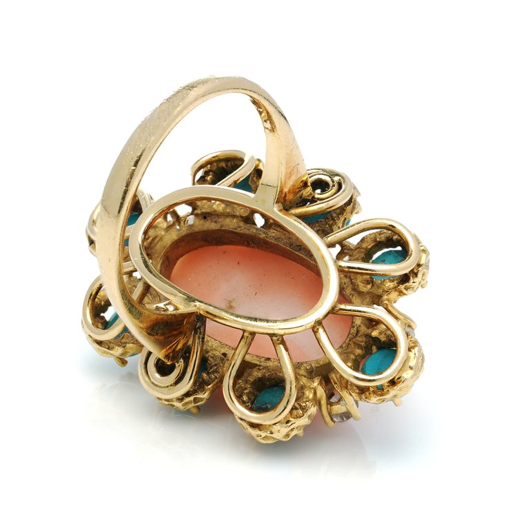 Ben Rosenfeld Angel Skin Coral, Turquoise and Diamond Cluster Ring