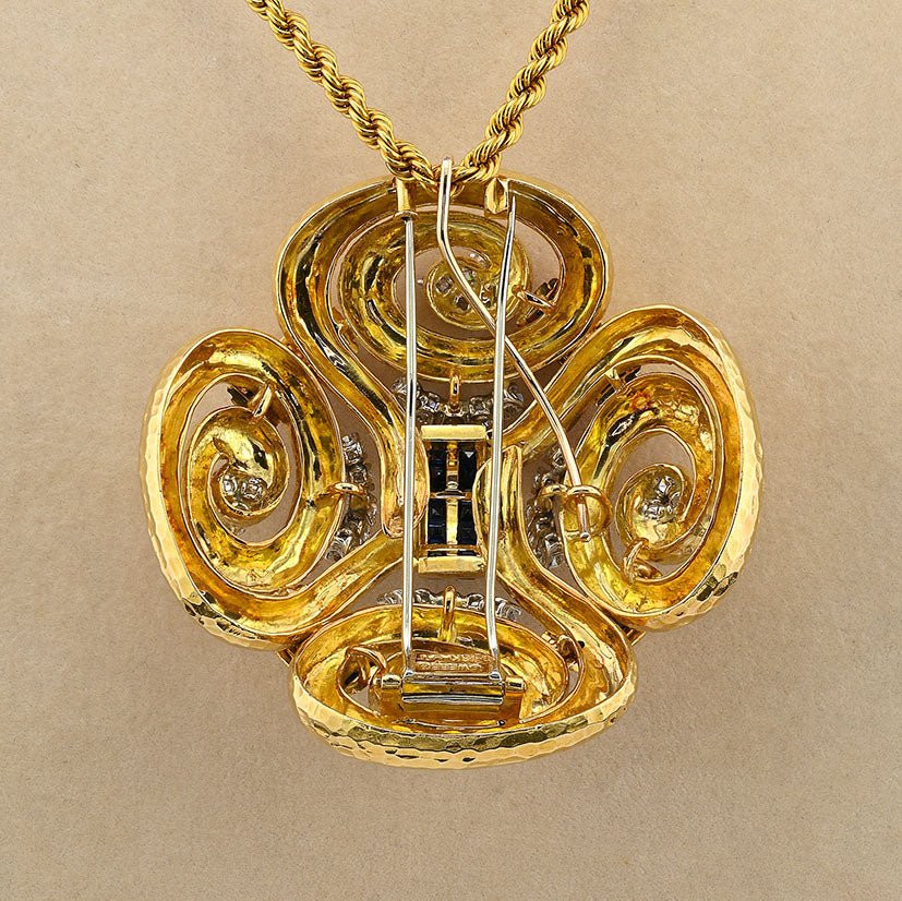 David Webb Ancient World Collection 7ct Sapphire 6.40ct Diamond and Gold Pendant come Brooch