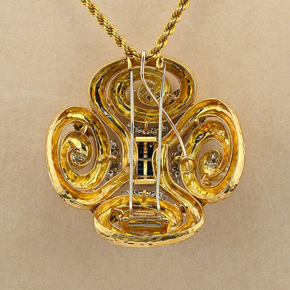 David Webb Ancient World Collection 7ct Sapphire 6.40ct Diamond and Gold Pendant come Brooch