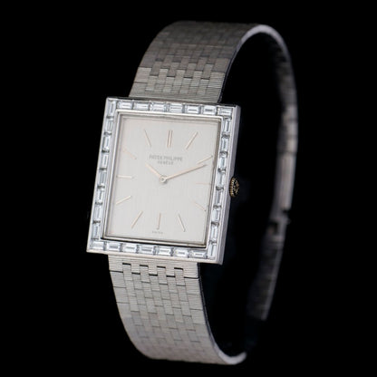 Vintage Patek Philippe 18ct White Gold Manual Watch with Baguette Diamond Bezel, Circa 1980s