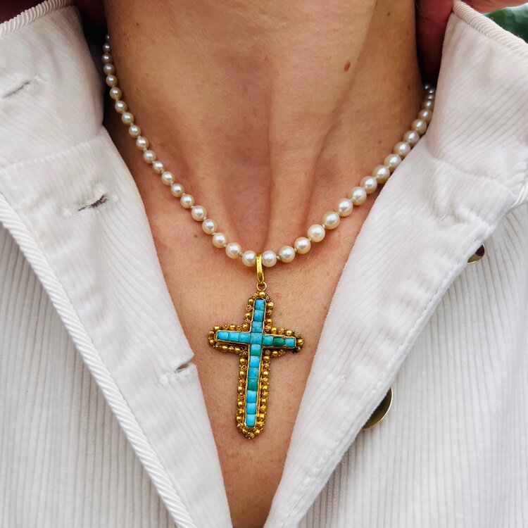 Antique Etruscan Revival Turquoise and 20ct Gold Cross Pendant