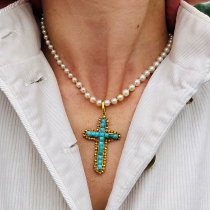 Antique Etruscan Revival Turquoise and 20ct Gold Cross Pendant