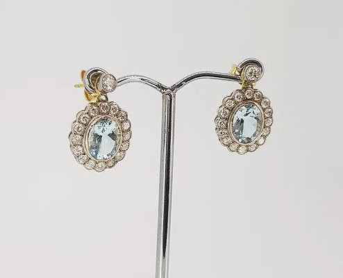 3.80ct Aquamarine and Diamond Oval Cluster Drop Earrings, in 18ct white and yellow gold