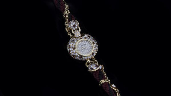 Vintage DaLaneau 18ct Yellow Gold 22mm Ladies Bracelet Watch with Diamonds and Rubies, Circa 1980s