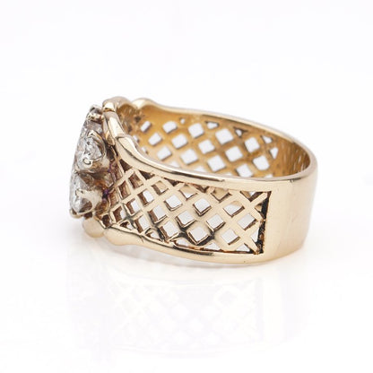 Vintage Pierced Gold Band Ring with 1.85ct Diamond Floral Cluster