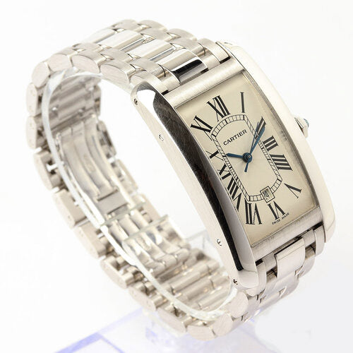 Cartier Tank Americaine Large size 18ct White Gold Automatic, Ref 2521, silver dial, Roman numerals, date indicator at 6, sapphire crystal, 18ct white gold bracelet with hidden clasp, with Cartier box and papers.