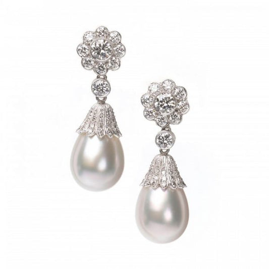 South Sea Pearl and Diamond Convertible Drop Earrings; convertible pendant earrings, diamond cluster stud tops, with removable south sea cultured pearl drops with diamond set caps, 1.65 carats, in platinum