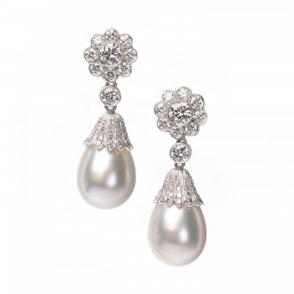 South Sea Pearl and Diamond Convertible Drop Earrings; convertible pendant earrings, diamond cluster stud tops, with removable south sea cultured pearl drops with diamond set caps, 1.65 carats, in platinum