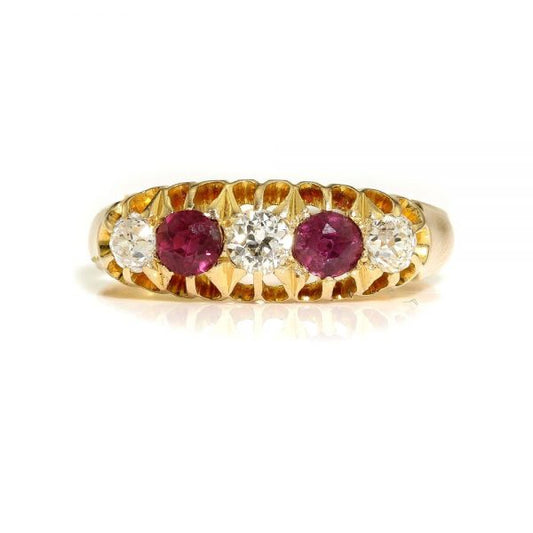 Antique Burma Ruby and Old Cut Diamond Five Stone Ring; set with two round faceted Burmese rubies and three old-cut diamonds in 18ct yellow gold, Made in Sheffield, Circa 1862