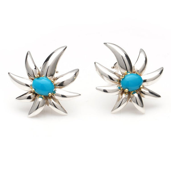 Vintage Tiffany and Co Turquoise Fireworks Clip On Earrings in 18ct Gold and Silver, Fitted with double hinged omega clip backings, in original box. Made in USA, 1995