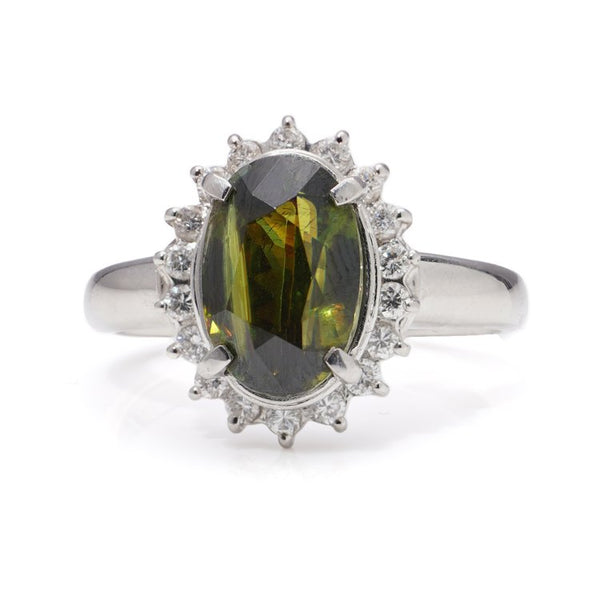 Vintage 3.29ct Peridot and Diamond Oval Cluster Ring in Platinum
