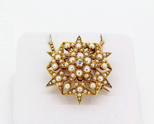 Vintage Natural Pearl and Diamond Star Pendant Brooch, 18ct Yellow Gold