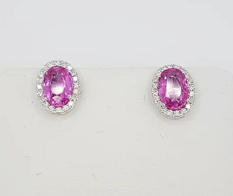 2.87ct Pink Sapphire and Diamond Oval Cluster Stud Earrings; oval faceted pink sapphires, surrounded by diamonds, in 18ct white gold