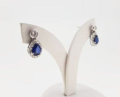 Sapphire and Diamond Pear Shaped Cluster Drop Earrings; 1.23cts sapphires surrounded by diamonds, suspended from diamond stud, 18ct white gold
