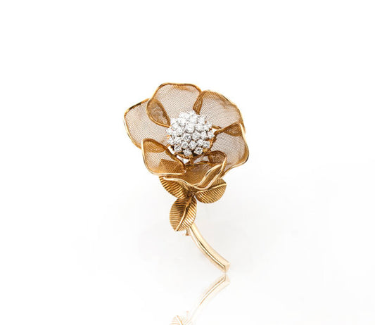 Vintage Cartier Diamond and Gold Rose Flower Moveable Brooch, with articulated petals, 2.25 carat total, Made in France, 1955