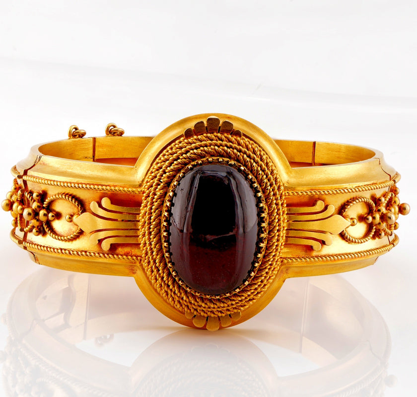 Antique French Etruscan Revival 18ct Yellow Gold and Garnet Locket Bangle Bracelet