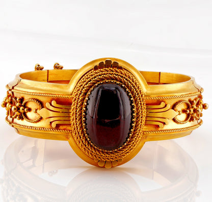 Antique French Etruscan Revival 18ct Yellow Gold and Garnet Locket Bangle Bracelet