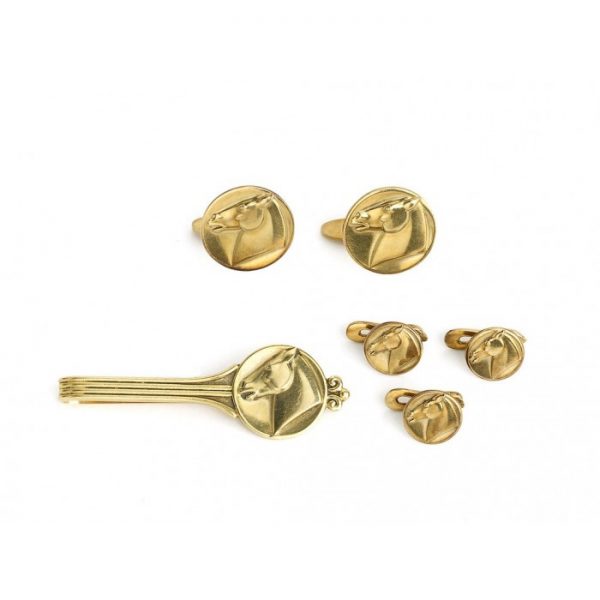 Georg Jensen 18ct Gold Horse Dress Set, designed by Arno Malinowski, Comprises of tie clip, cufflinks and studs, with a horse head design, Signed and Numbered, Circa 1960