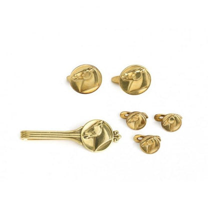 Georg Jensen 18ct Gold Horse Dress Set, designed by Arno Malinowski, Comprises of tie clip, cufflinks and studs, with a horse head design, Signed and Numbered, Circa 1960