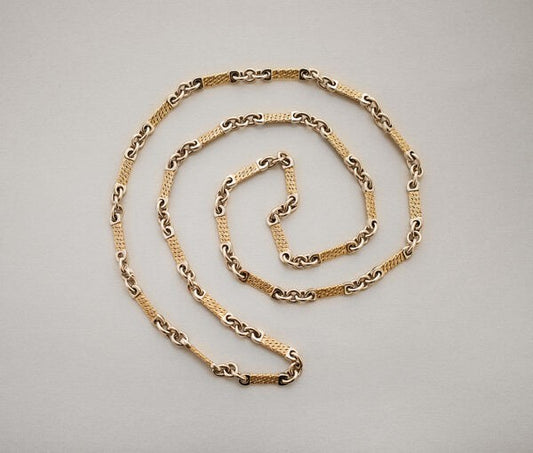 Georges Lenfant Bi Colour 18ct Gold Chain Necklace; featuring yellow gold textured flat links with white gold polished ends, Made in France, Circa 1970