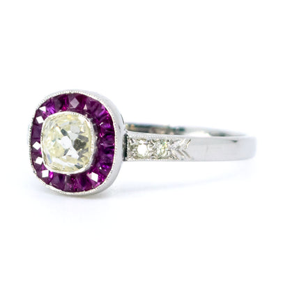 Platinum, Cushion-Cut Diamond and Ruby Halo Cluster Ring, 0.65 Carat