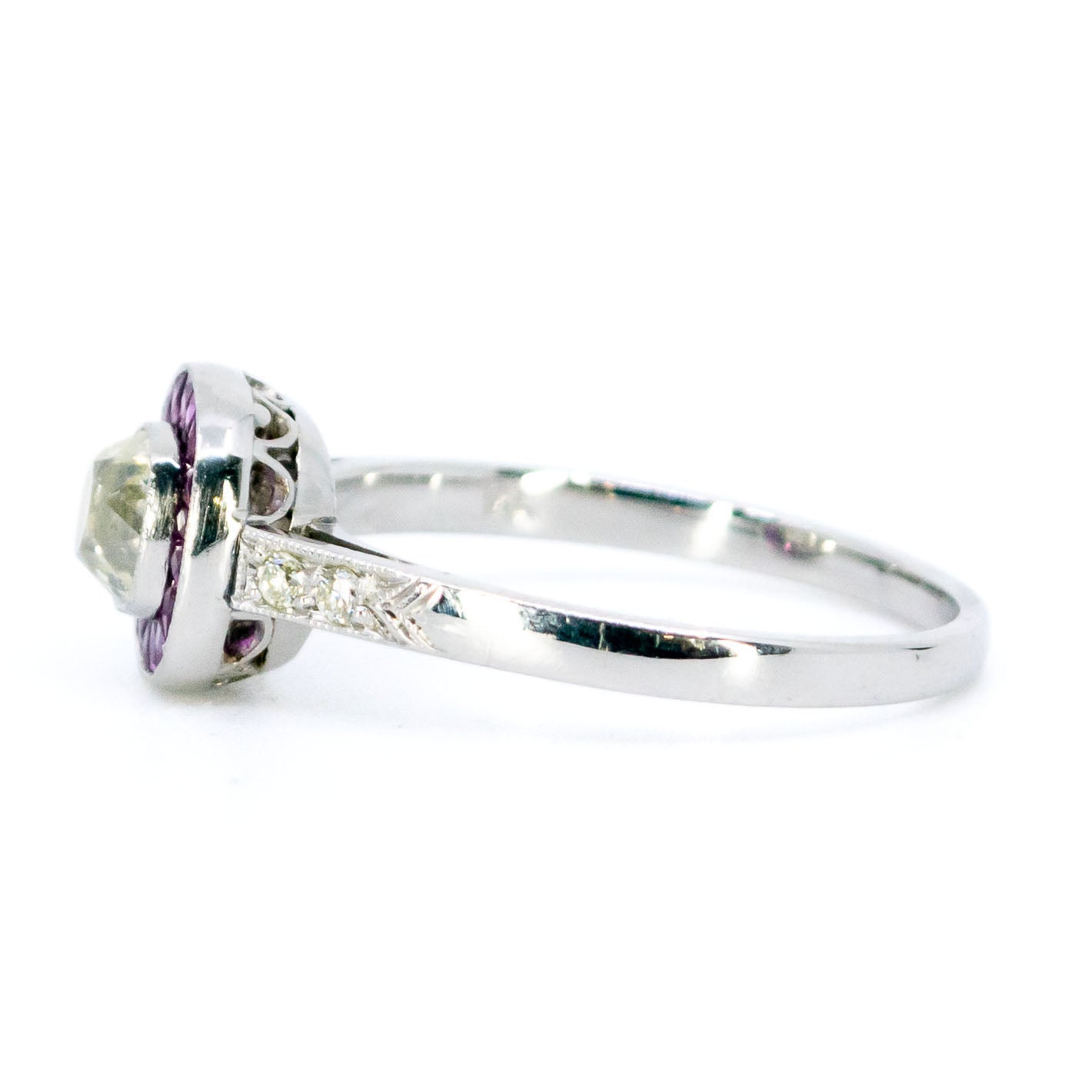 Platinum, Cushion-Cut Diamond and Ruby Halo Cluster Ring, 0.65 Carat