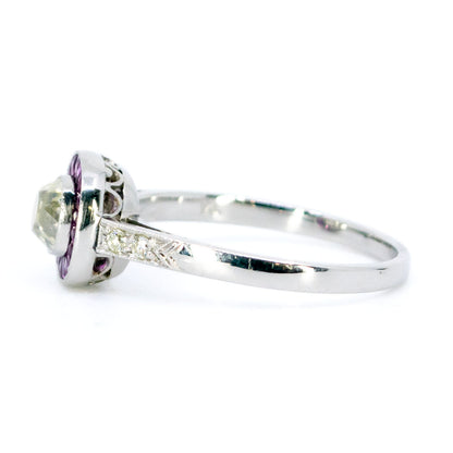 Platinum, Cushion-Cut Diamond and Ruby Halo Cluster Ring, 0.65 Carat