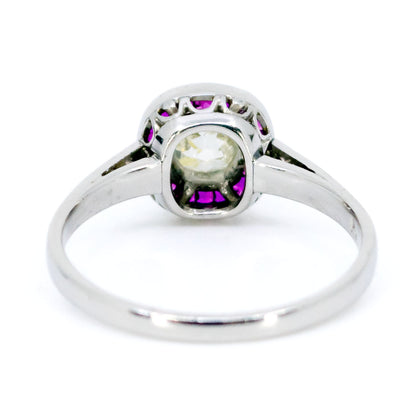 Platinum, Cushion-Cut Diamond and Ruby Halo Cluster Ring, 0.65 Carat